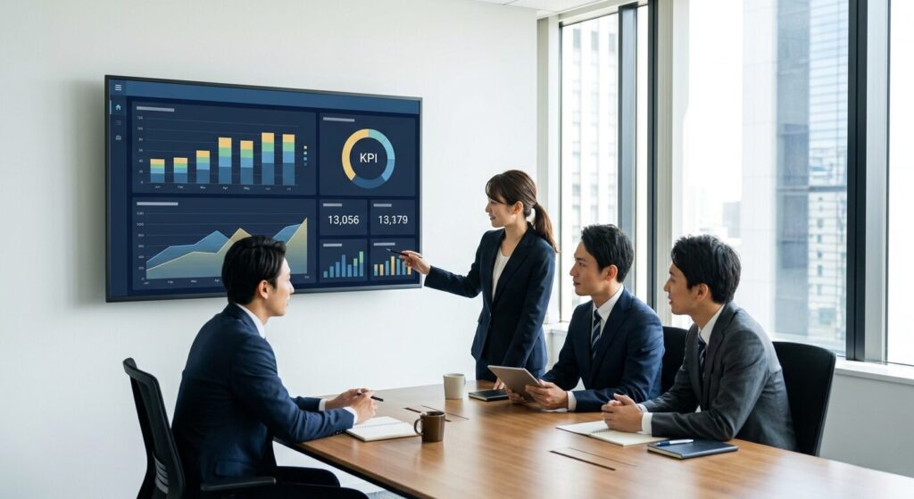 BIダッシュボードを使って経営データを分析する日本のビジネスチーム