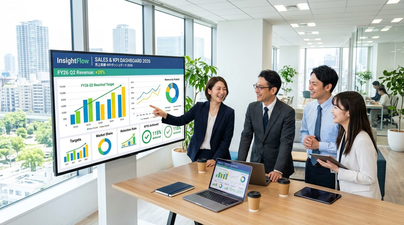 BIツール導入に成功してKPIダッシュボードを確認している明るい日本人ビジネスチーム