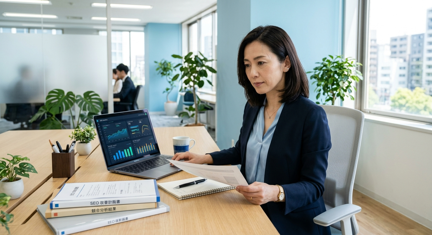 中小企業の担当者がSEO効果をデータで確認しているイメージ