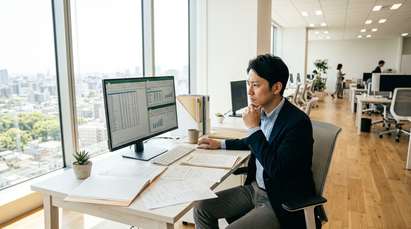 Excelファイルの管理に課題を感じている日本人ビジネスパーソンのオフィスシーン