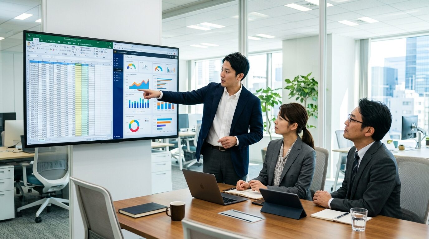 ExcelとBIツールを比較している日本人ビジネスチームのオフィスミーティングシーン
