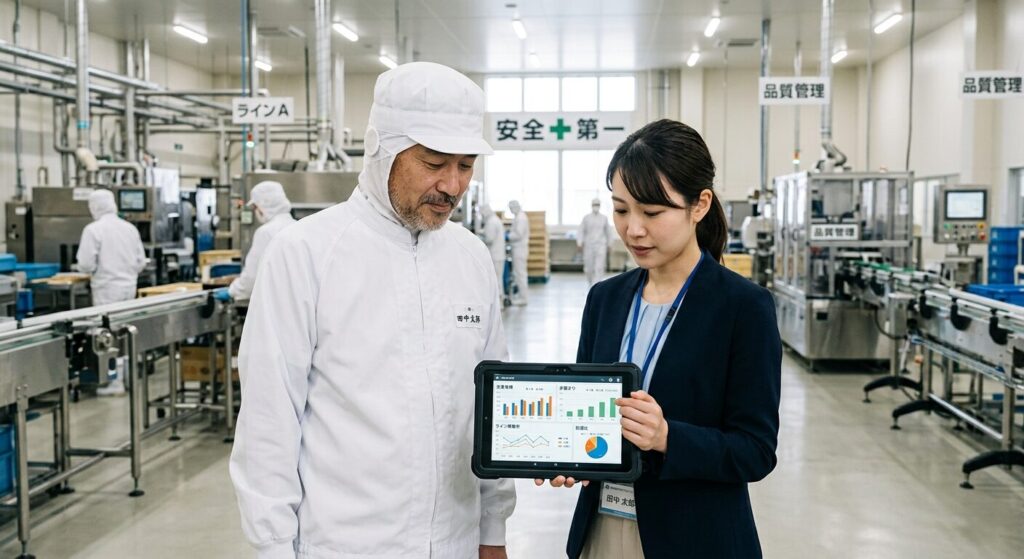 タブレットでTableauのデータを確認する食品工場の担当者とコンサルタント