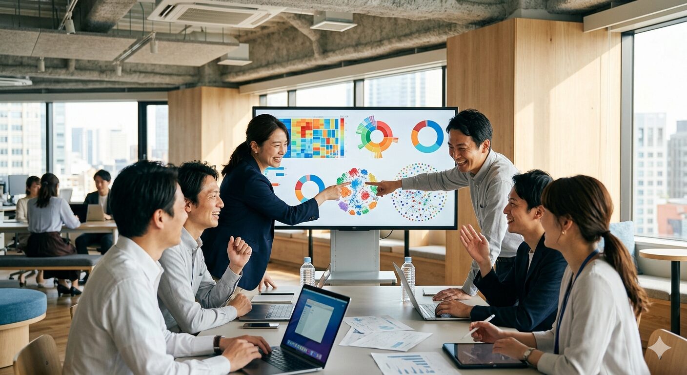 Tableauのダッシュボードを見ながら議論する日本のビジネスチーム