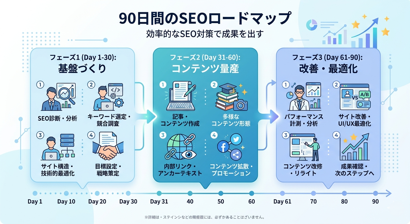 AIを活用したSEO対策の90日ロードマップ図解