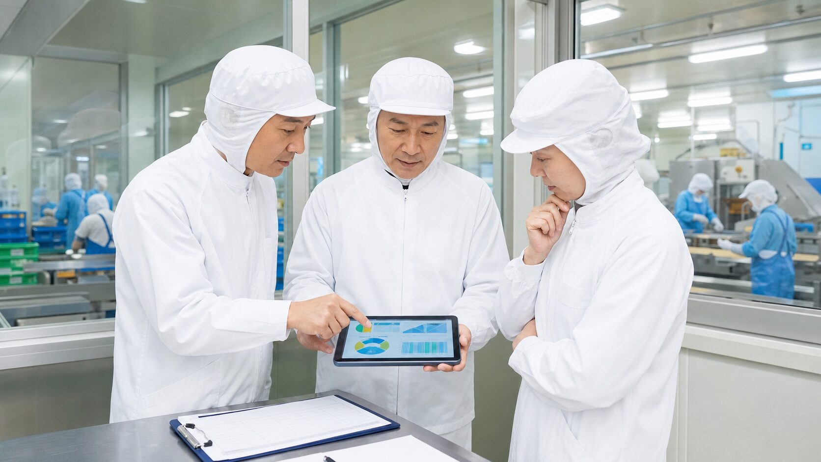 食品工場のデータをタブレットで確認する工場長と担当者