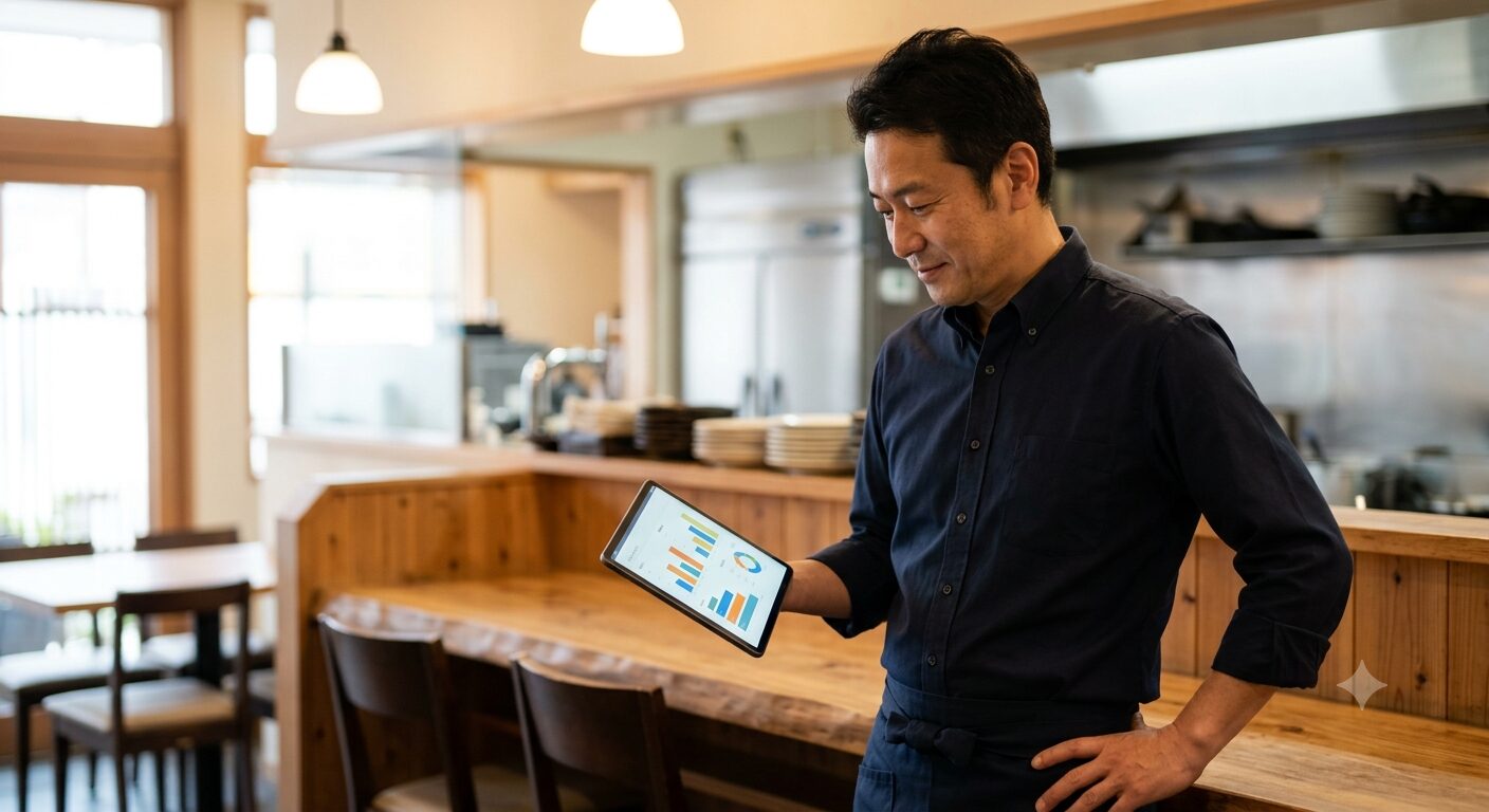 タブレットで経営データを確認する日本の飲食店マネージャー