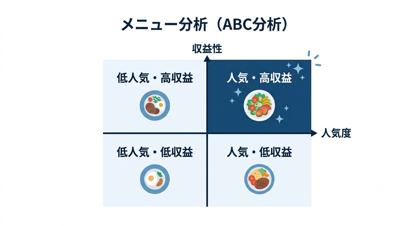 飲食店のメニューを人気度と収益性で分類するABC分析のイメージ