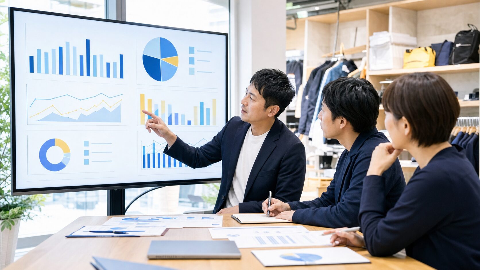 小売店のKPIダッシュボードを確認するエリア責任者と店長