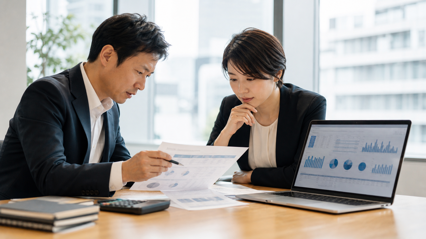 BI導入の見積書を比較検討する日本人の担当者とコンサルタント