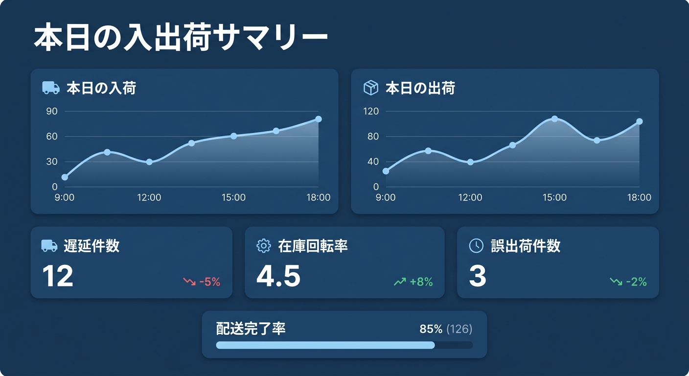 日次の入出荷状況を一覧できるBIダッシュボードのサマリー画面