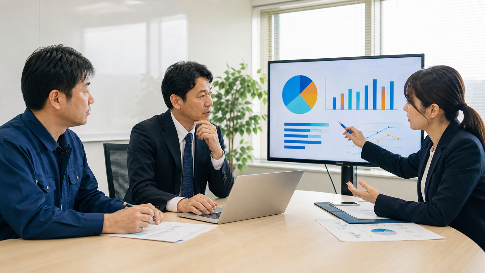 中小企業でBIツールの目的と必要なデータを整理する打ち合わせ