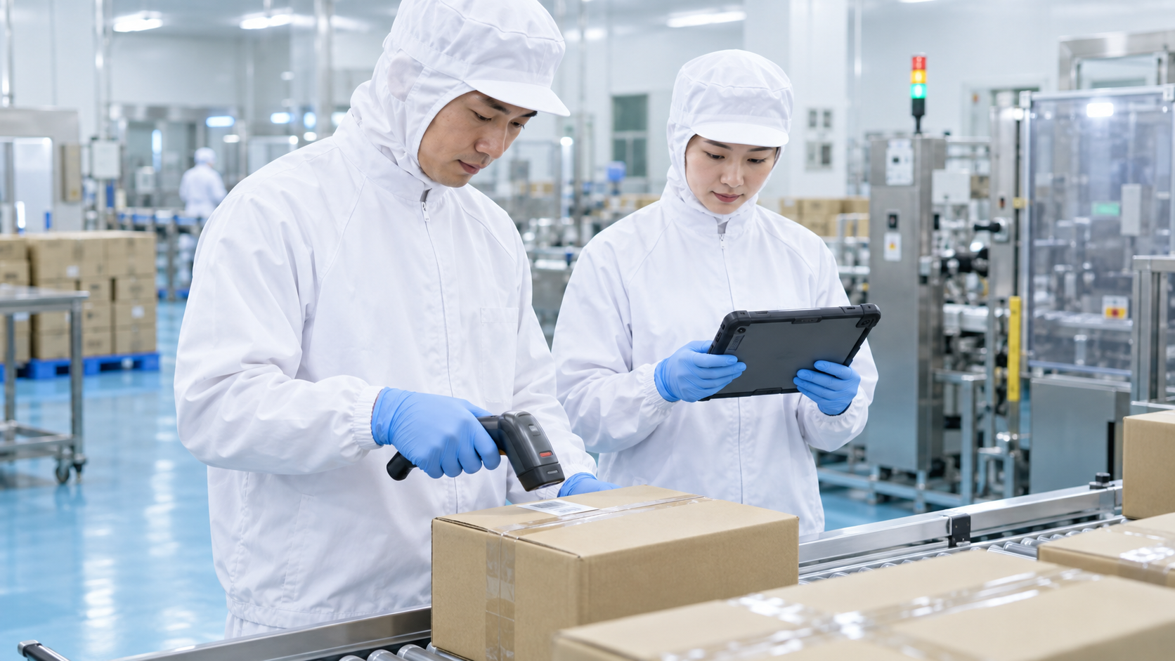 食品工場で製品ロットを読み取り記録する製造担当者