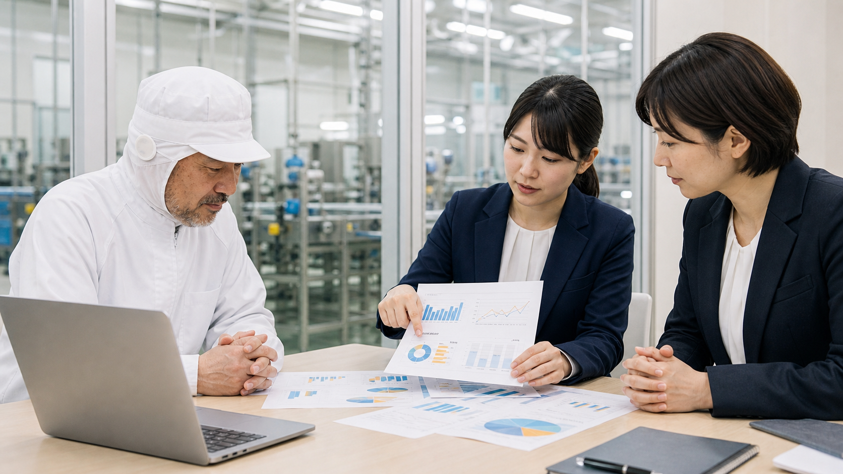 食品工場で商品別売上データを確認する経営者と分析担当者