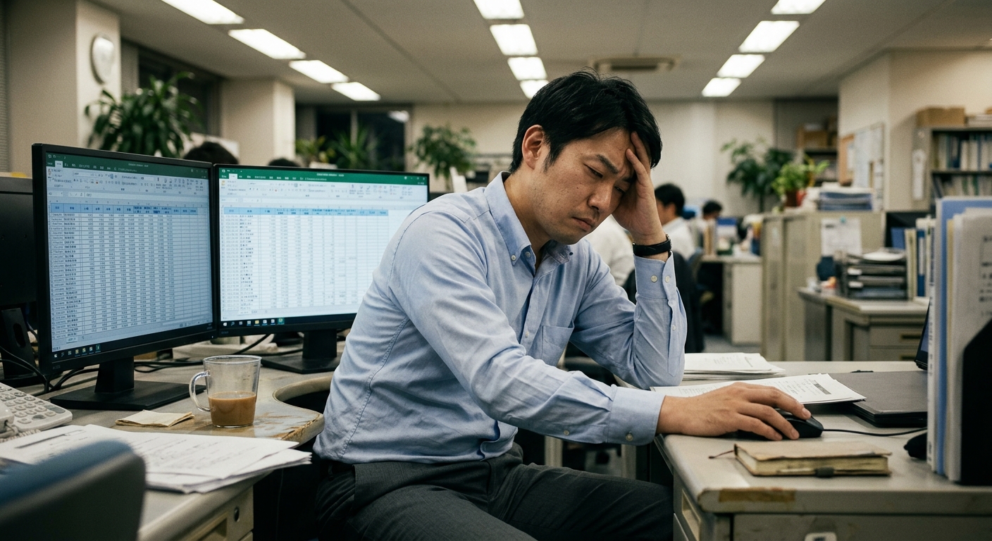 拠点ごとにバラバラな在庫データをExcelで手集計している様子