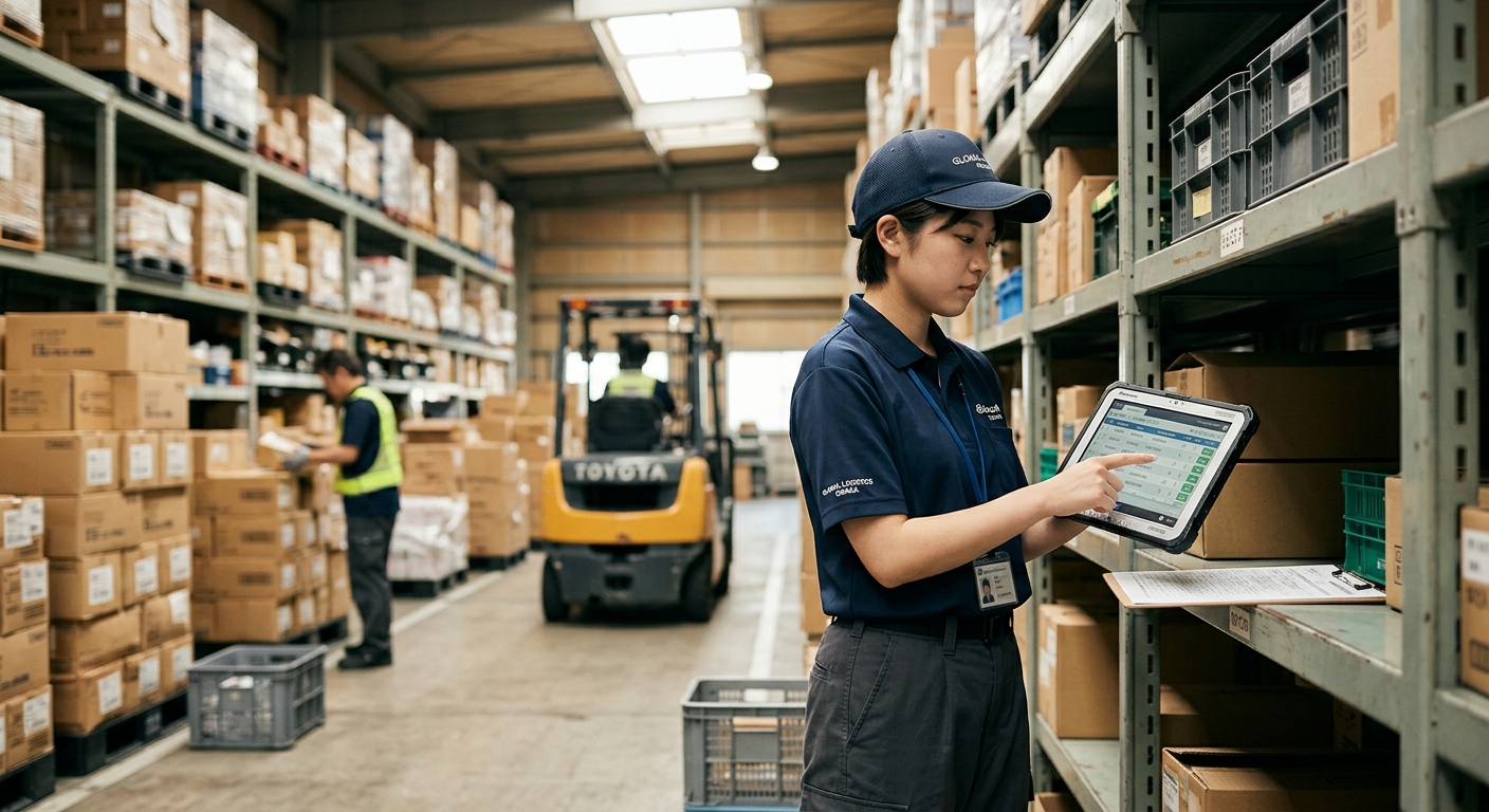 タブレットで出荷データを確認する日本人の倉庫作業者